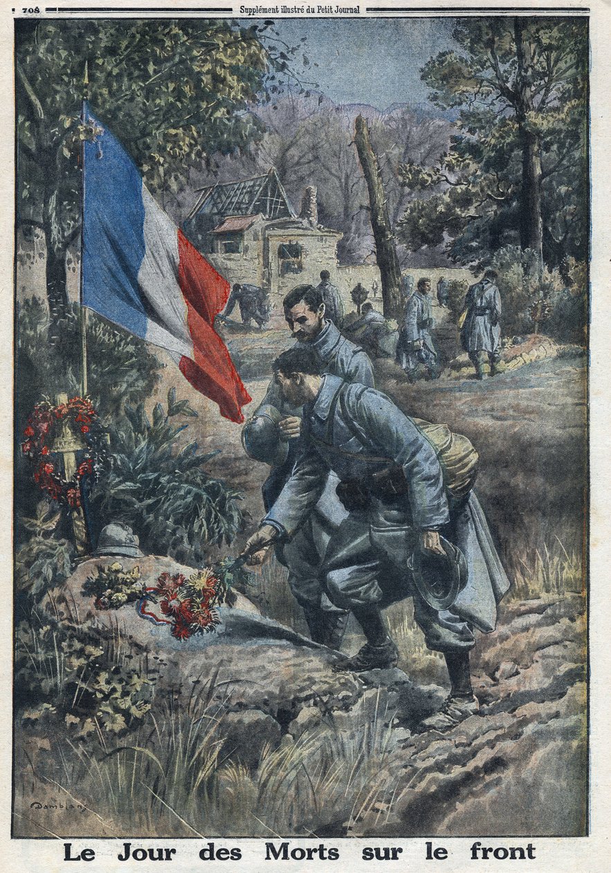 प्रथम विश्व युद्ध 1914-1918 (युद्ध 14-18)। द डे ऑफ डेड ऑन द फ्रंट: ऑल सेंट्स डे पर सैनिक गिरे हुए सैनिकों की कब्र को खिलते हैं। 5/11/1916 को "" ले पेटिट जर्नल "" में। निजि संग्रह द्वारा अनाम अनाम
