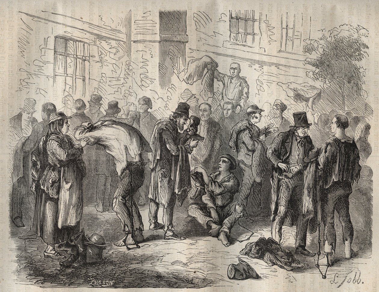 19वीं सदी में टौलॉन बैगन में प्रवेश करने से पहले फ़ोर्कट अपना सामान बेच रहे थे। पियरे ज़ैकोन (1817-1895) (कोलोनिया पेनेल - दंड कॉलोनी) द्वारा "उनकी रचना से लेकर आज तक दोषियों का इतिहास" (1877) में उत्कीर्णन। निजि संग्रह। द्वारा अनाम अनाम