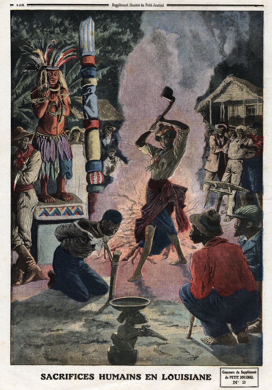 लुइसियाना में मानव बलि 21/04/1912 को "" ले पेटिट जर्नल" में उत्कीर्णन। निजि संग्रह। द्वारा अनाम अनाम