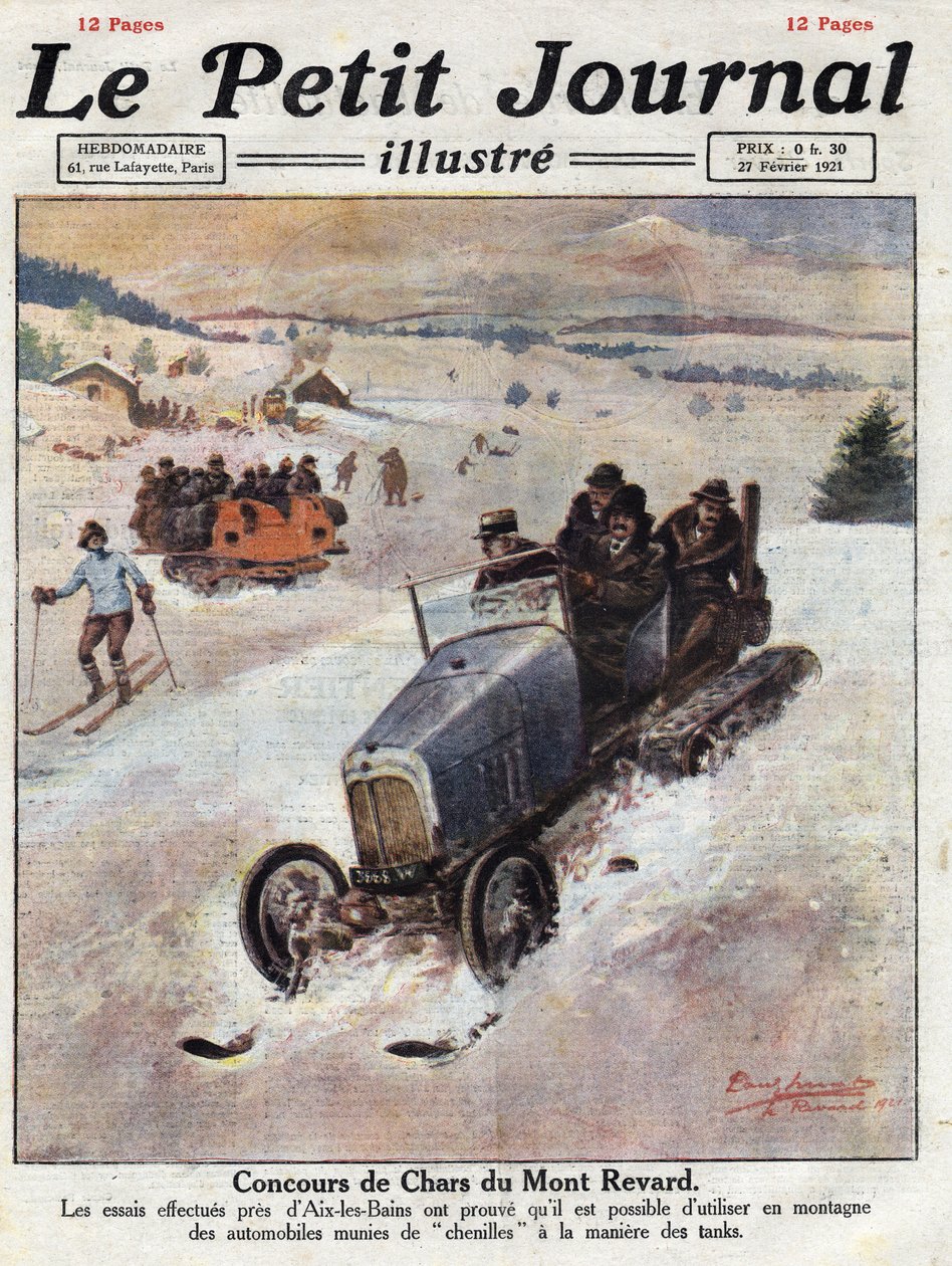 पहाड़ों में कारों पर इनोवेशन, पटरी से उतरने से बचने के लिए पहियों पर पटरियां लगाई जाती हैं। 27/02/1921 के "" ले पेटिट जर्नल "" से लिया गया चित्रण। निजि संग्रह द्वारा अनाम अनाम