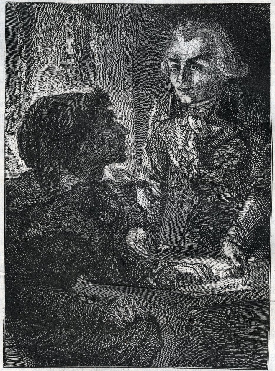 मैक्सिमिलियन के साथ रोबेस्पिएरे (1758-1794) द्वारा जीन-पॉल (जीन पॉल) मराट (1743-1793)। एडोल्फ थियर्स द्वारा "हिस्टोइरे डे ला रेवोल्यूशन फ़्रैंकाइज़" में 1866 से उत्कीर्ण निजि संग्रह। द्वारा अनाम अनाम