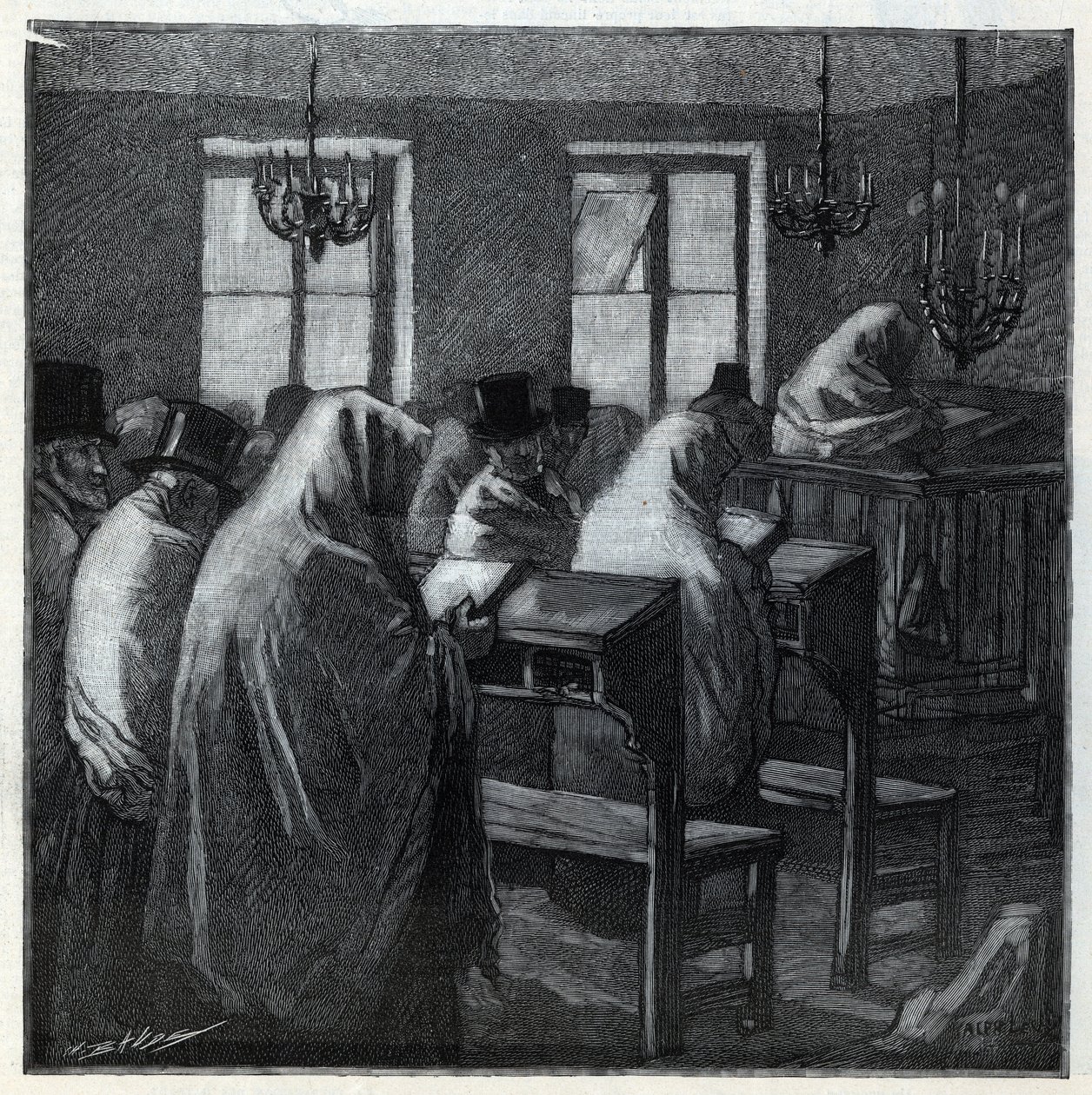 यहूदी दावतें: छुट्टियों के दौरान एक वक्तृत्व कला के अंदर प्रार्थना के दौरान फिदेल्स। 1892 के "ले मोंडे इलस्ट्री" में उत्कीर्णन। निजी संग्रह। द्वारा अनाम अनाम