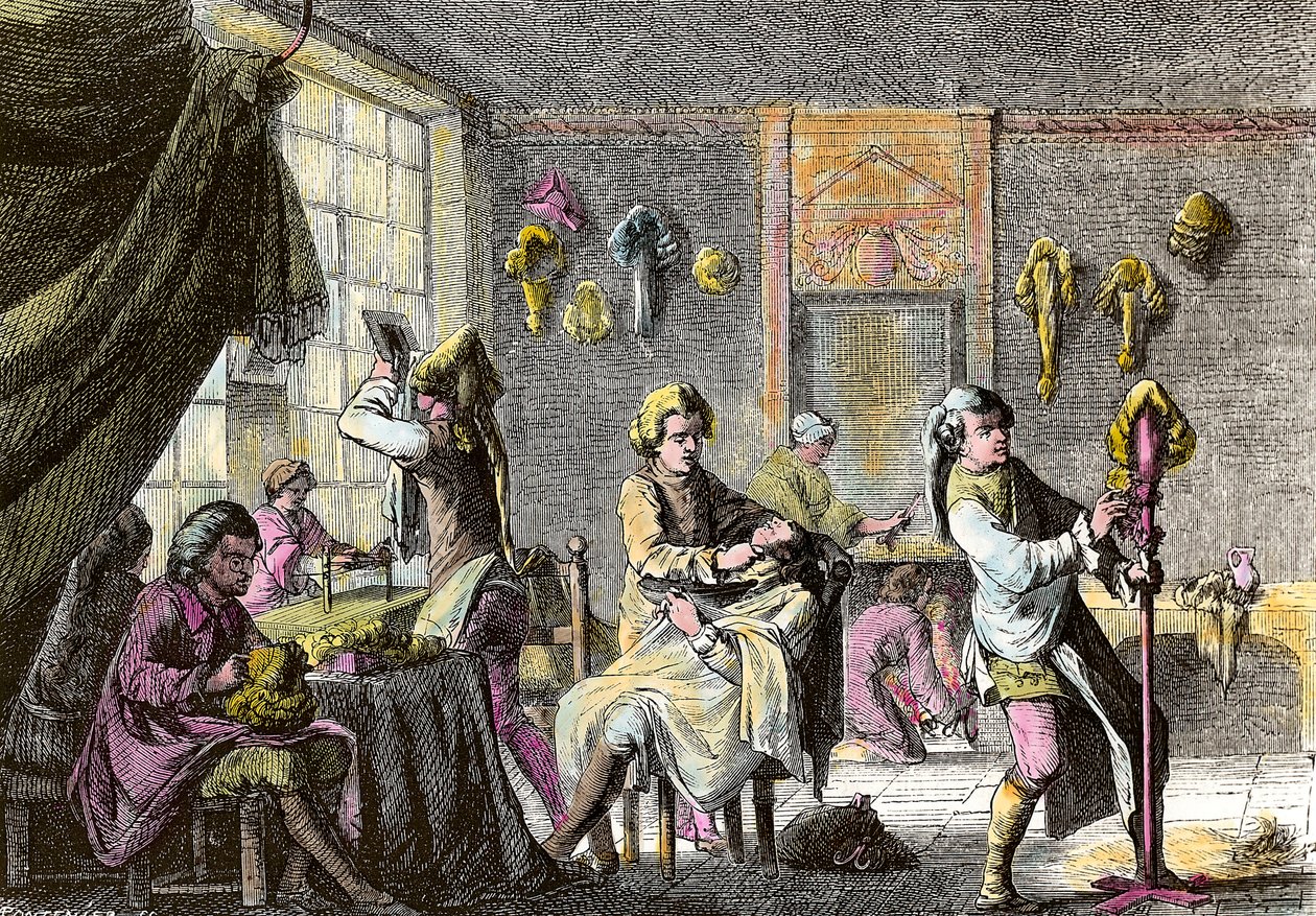 लुई XV फैशन: एक विग नाई के इंटीरियर का दृश्य। 1755 के आसपास उत्कीर्णन। निजी संग्रह द्वारा अनाम अनाम