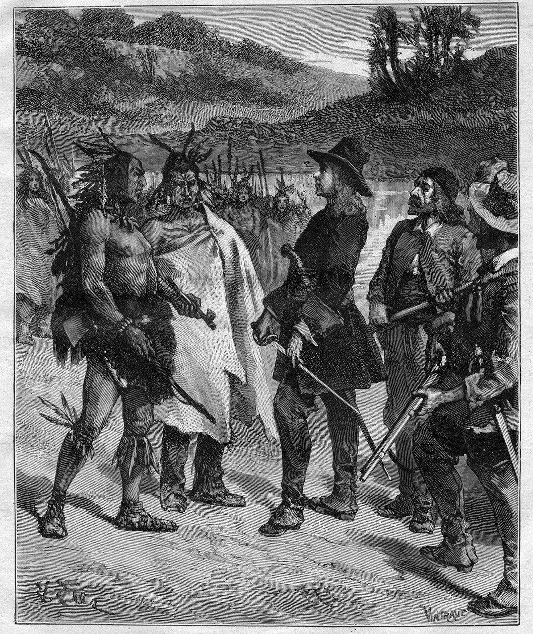 1889 के "जर्नल डेस वॉयेजेज" में उत्कीर्णन लेक पेओरिया के पास अमेरिका के भारतीयों के साथ रॉबर्ट कैवेलियर डी ला साले (1643-1687) की बैठक द्वारा अनाम अनाम