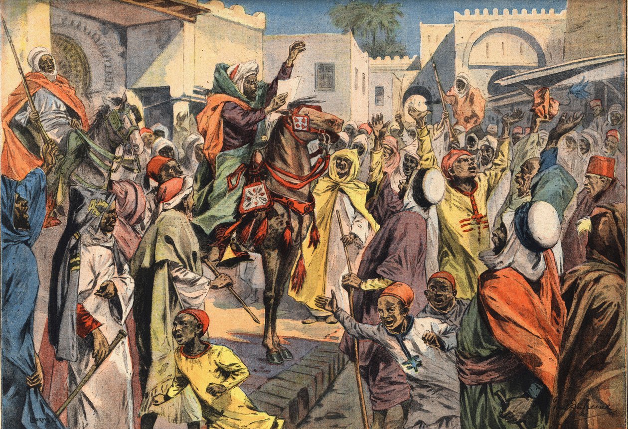 मौले हाफ़िद (मौले-हाफ़िद) सुल्तान को फ़ेज़ की घोषणा करते हैं: सार्वजनिक वाहक भीड़ को उद्घोषणा की घोषणा करते हैं। अखबार "" ले पेटिट पेरिसियन "," 26/01/1908 से उत्कीर्ण। निजि संग्रह। द्वारा अनाम अनाम