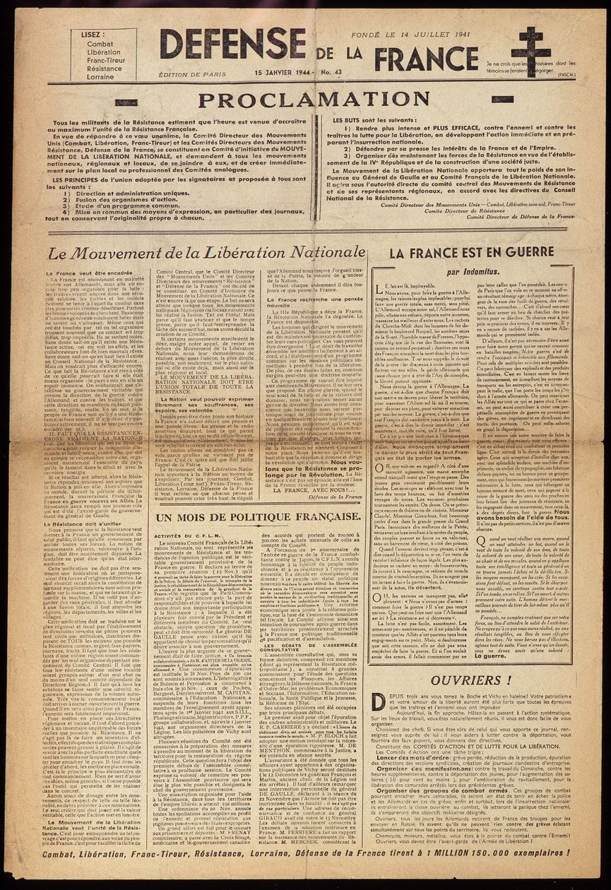 15/01/1944 के गुप्त समाचार पत्र "" डेफेंस डी फ्रांस "" में से एक द्वारा अनाम अनाम
