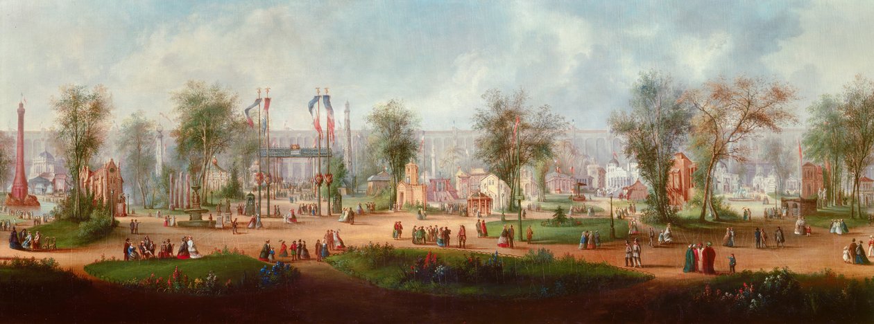 पेरिस बेनामी पेंटिंग में 1867 की यूनिवर्सल प्रदर्शनी का विहंगम दृश्य। 1867 सूर्य. 0,49x2,9 मीटर पेरिस, मुसी कार्नावलेट द्वारा अनाम अनाम