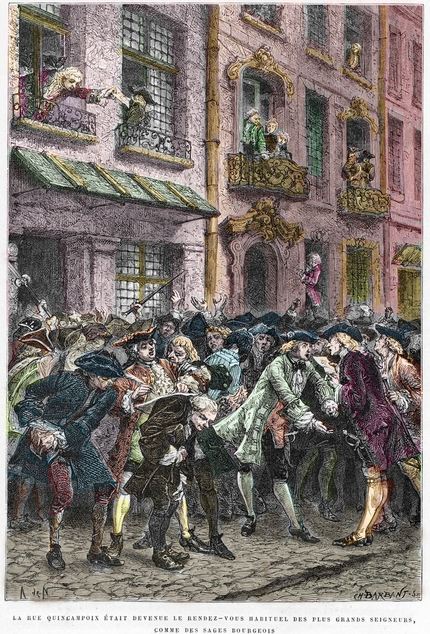 पेरिस IV arrondissement - La rue Quincampoix en 1720 a l'epoque du système de John Law (1671 - 1729) - "" L'agiotage a la rue Quincampoix" (कानून द्वारा दिवालिया होने का कारण) - सट्टेबाजों के साथ rue Quincampoix का दृश्य जॉन लॉ की व् द्वारा अनाम अनाम