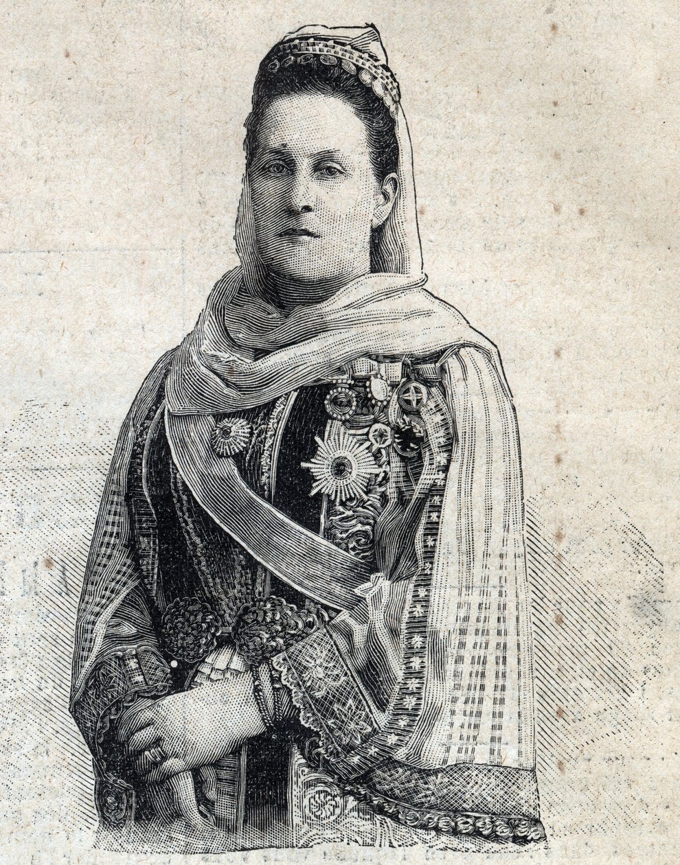 रूस की ओल्गा कॉन्स्टेंटिनोव्ना का पोर्ट्रेट (1851-1926) ग्रीस की रानी। "" ले प्यूट पेरिसियन "" में उत्कीर्णन द्वारा अनाम अनाम