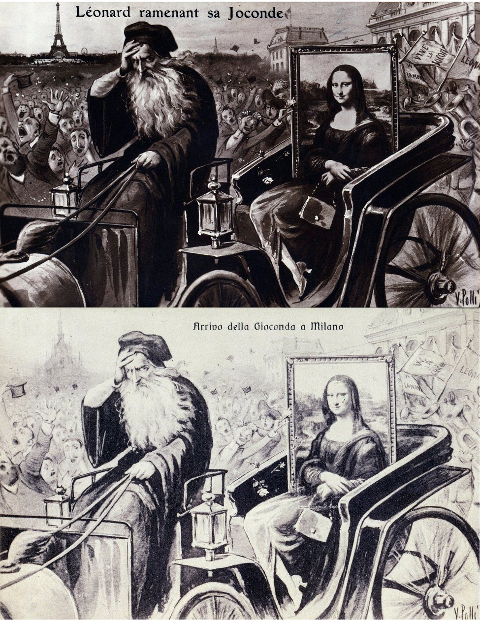 लियोनार्ड डी विंची (लियोनार्डो दा विंची) (1452-1519) का प्रतिनिधित्व, विन्सेन्ज़ो पेरुगिया (1881-1925) द्वारा काम की चोरी के बाद अपने काम "" द मोना लिसा "" (मोना लिसा, मोना लिसा) को वापस लाना। 21/08/1911 को। हास्य पोस्टकार्ड द्वारा अनाम अनाम