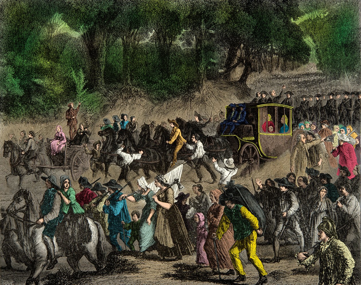 1791 में वेरेन्स के लिए अपनी उड़ान के बाद शाही परिवार की पेरिस वापसी, उत्कीर्णन, निजी संग्रह द्वारा अनाम अनाम