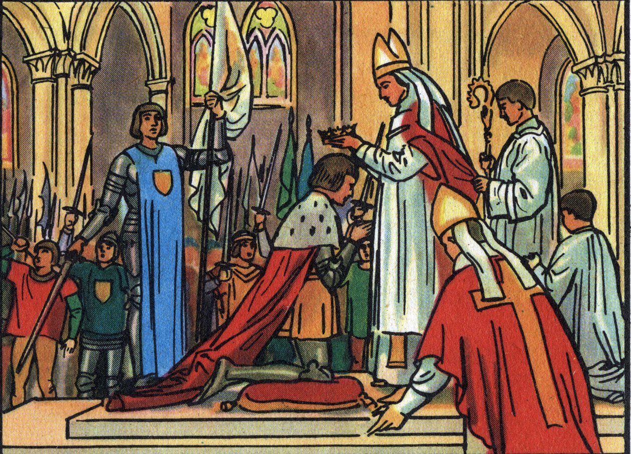 सेक्रेड किंग चार्ल्स VII (1422-1461) रीम्स के आर्कबिशप द्वारा 17/07/1429 को जोन ऑफ आर्क (1412-1431) की उपस्थिति में। "" फ्रांस के राज्य के प्रमुखों और प्रमुखों का संग्रह" में अनाम चित्रण। 20 वीं सदी। निजि संग्रह। द्वारा अनाम अनाम