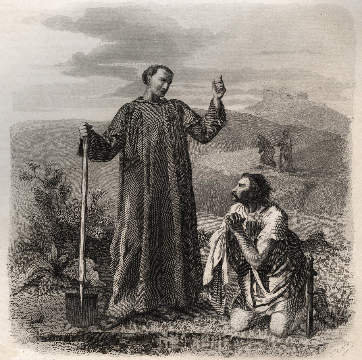 नुर्सिया के संत बेनेडिक्ट ने ओस्ट्रोगोथ के राजा तोतिला (छठी शताब्दी) का स्वागत किया। 1846 से "संतों के जीवन" में उत्कीर्णन। निजि संग्रह। द्वारा अनाम अनाम