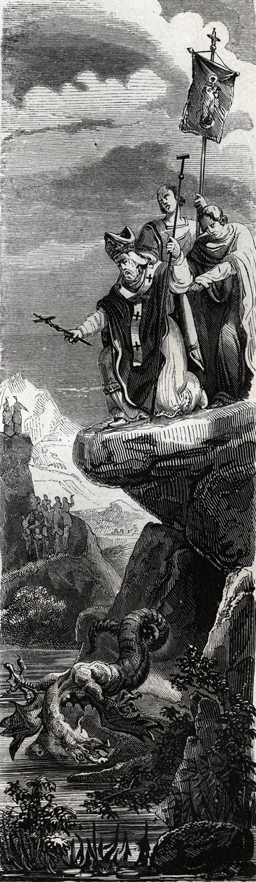 सेंट फ्रंट (पेरिगॉर्ड का पहला प्रचारक) (तीसरी शताब्दी) दॉरदॉग्ने में ड्रैगन का शिकार करता है - 1846 में "संतों के जीवन" में उत्कीर्णन। निजि संग्रह। द्वारा अनाम अनाम