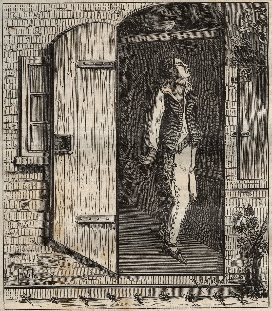 1840 में रोशफोर्ट जेल में आत्महत्या। पियरे ज़ैकोन (1817-1895) (कोलोनिया पेनेल - दंड कॉलोनी) द्वारा "उनके निर्माण से लेकर आज तक की जेलों का इतिहास" (1877) में उत्कीर्णन। निजि संग्रह। द्वारा अनाम अनाम