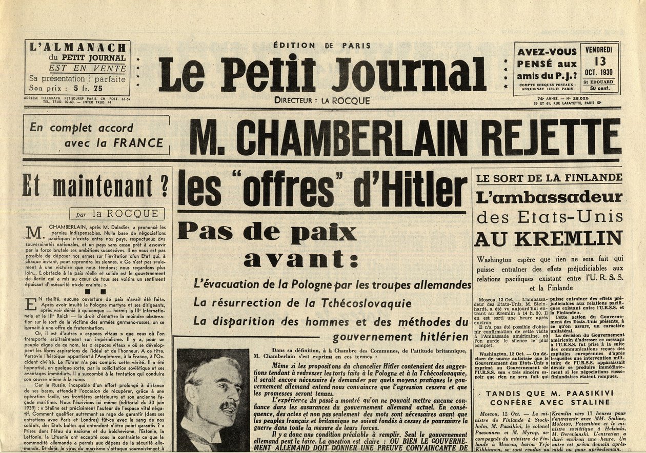 द स्मिटल जर्नल फ्राइडे 13 अक्टूबर 1939 नेविल चेम्बरलेन (1869-1940) ने एडॉल्फ हिटलर के प्रस्तावों को अस्वीकार कर दिया द्वारा अनाम अनाम