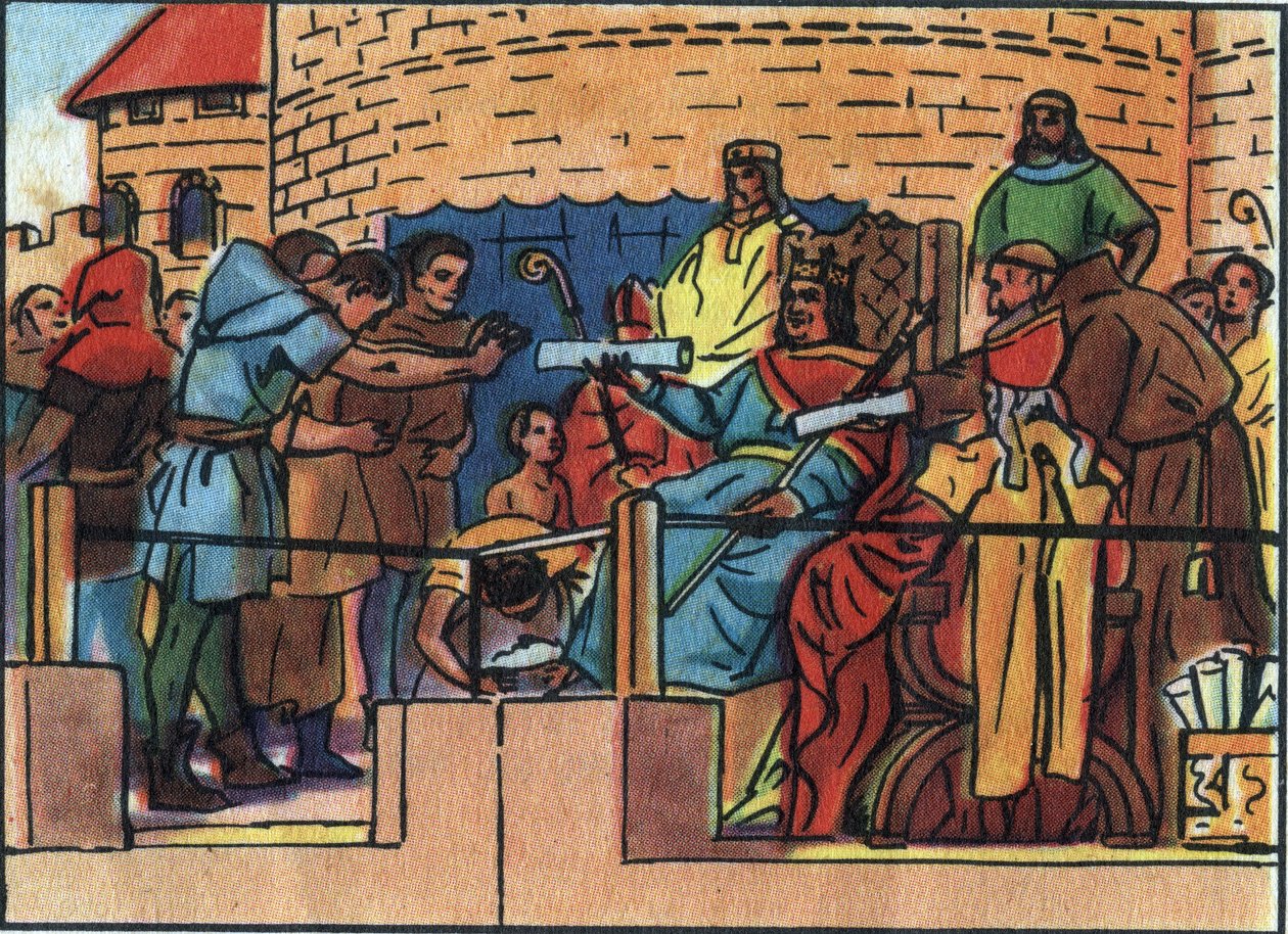 फ्रांस के राजा लुई VI सबसे बड़ा (1081-1137) पेरिस शहर को चार्टर प्रदान करता है। "" फ्रांस के राज्य के प्रमुखों और प्रमुखों का संग्रह "" में अनाम चित्रण। 20 वीं सदी। निजि संग्रह। द्वारा अनाम अनाम