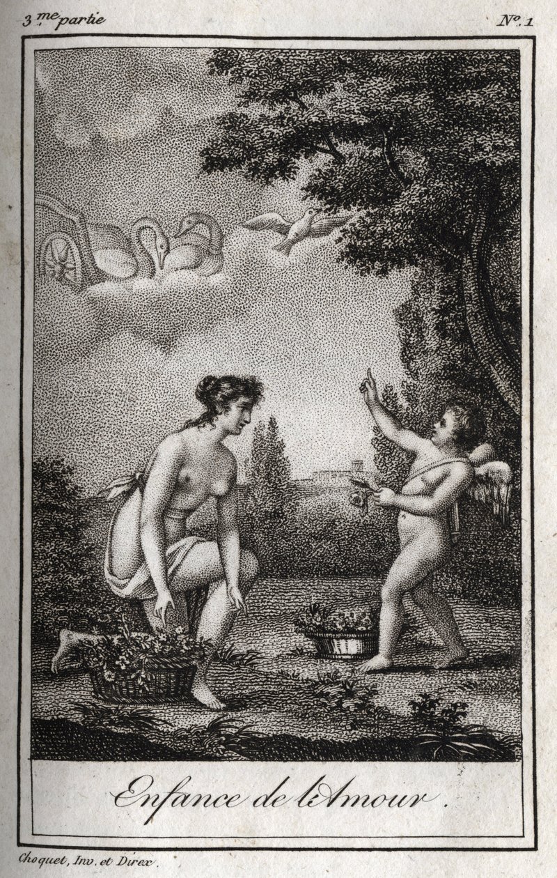 प्यार का बचपन। चार्ल्स अल्बर्ट डेमोस्टियर (1760-1801) द्वारा "लेट्रेस ए एमिली सुर ला मिथोलॉजी" में 1819 से उत्कीर्ण। निजि संग्रह। द्वारा अनाम अनाम