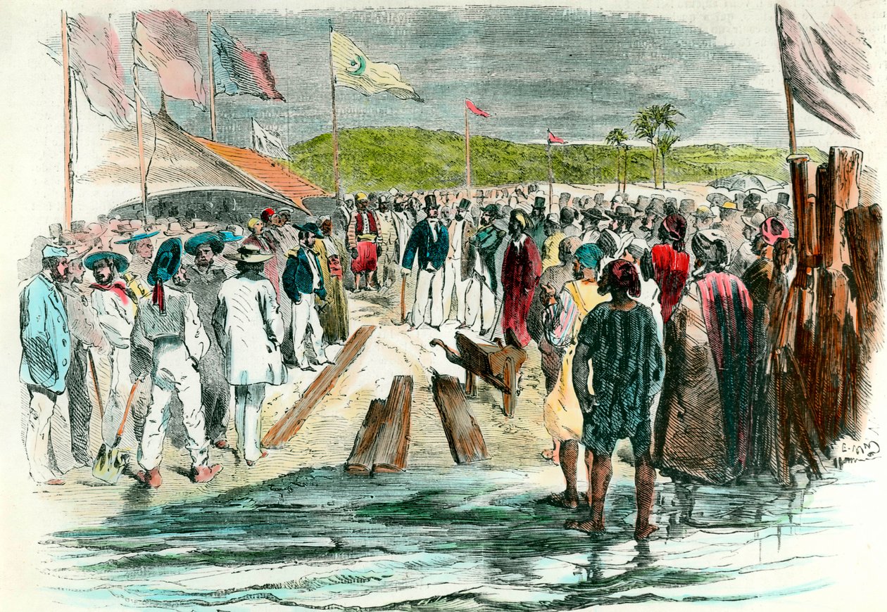 25 अप्रैल 1859 को स्वेज नहर पर ड्रिलिंग कार्यों के उद्घाटन पर पहला पिकअप मिस्र में लाल सागर को भूमध्य सागर से जोड़ने का इरादा 1869 तक चला। द्वारा अनाम अनाम