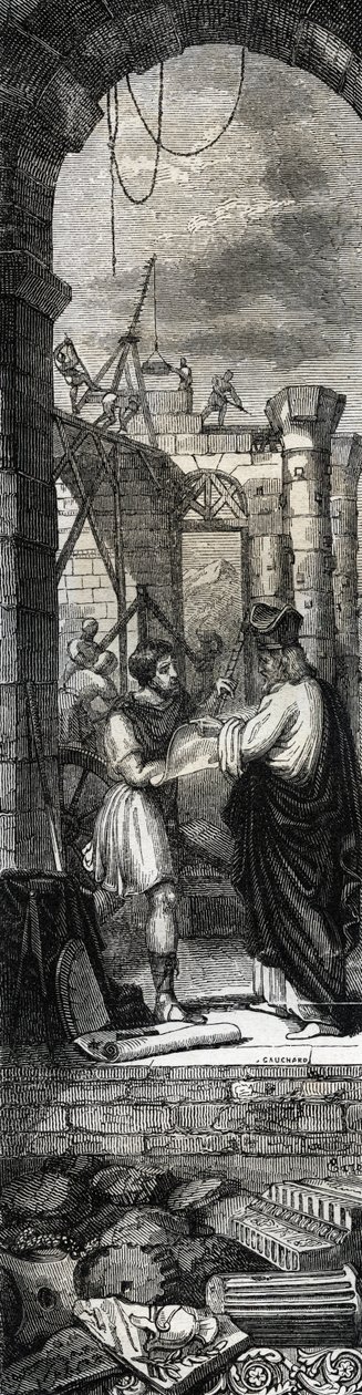 Trophime d'Arles या सेंट ट्रोफिम (तीसरी शताब्दी) Arles के चर्च का निर्माण - 1846 की उत्कीर्णन "" लाइव्स डेस सेंट्स "" में। निजि संग्रह। द्वारा अनाम अनाम