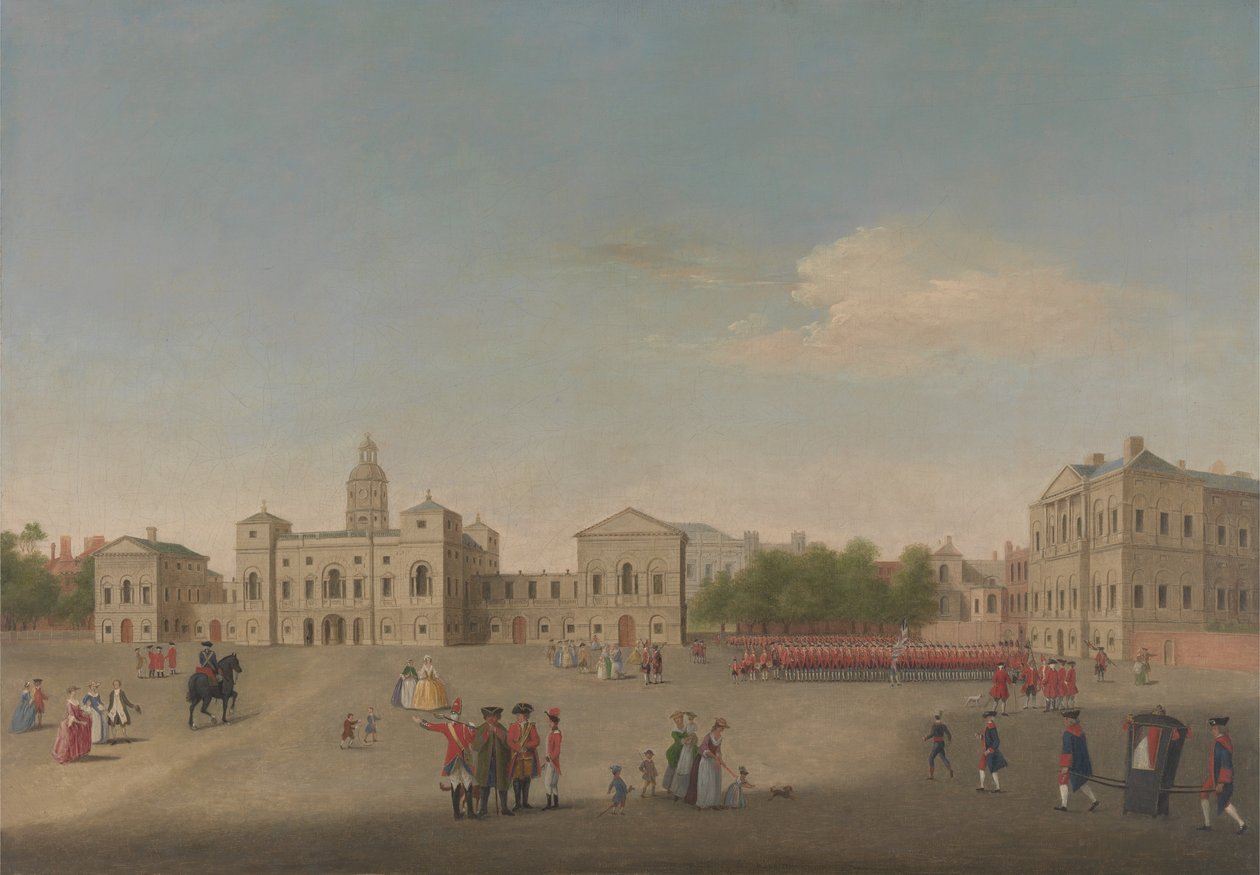 हॉर्स गार्ड और व्हाइटहॉल का दृश्य, c.1750 (कैनवास पर तेल) द्वारा अनाम अनाम