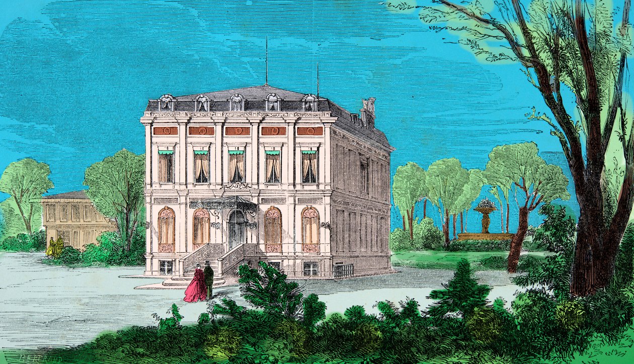 Passy au Bois de Boulogne, उत्कीर्णन, निजी संग्रह में Gioachino (Gioacchino, Giovacchino) Rossini (1792-1868) के घर का दृश्य द्वारा अनाम अनाम