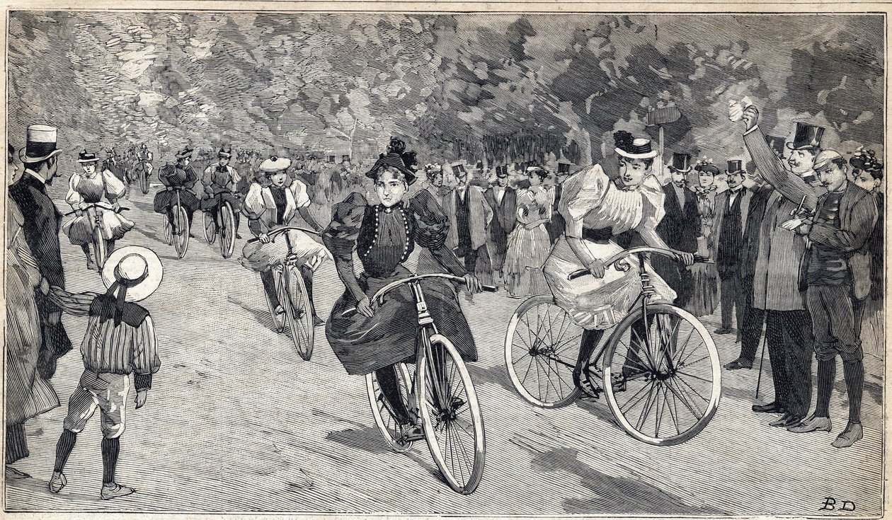 पेरिस के पास Bois de Boulogne में velocipedists की महिलाओं की दौड़. 25/06/1893 को "" ले पेटिट पेरिसियन "" में उत्कीर्णन। द्वारा अनाम अनाम