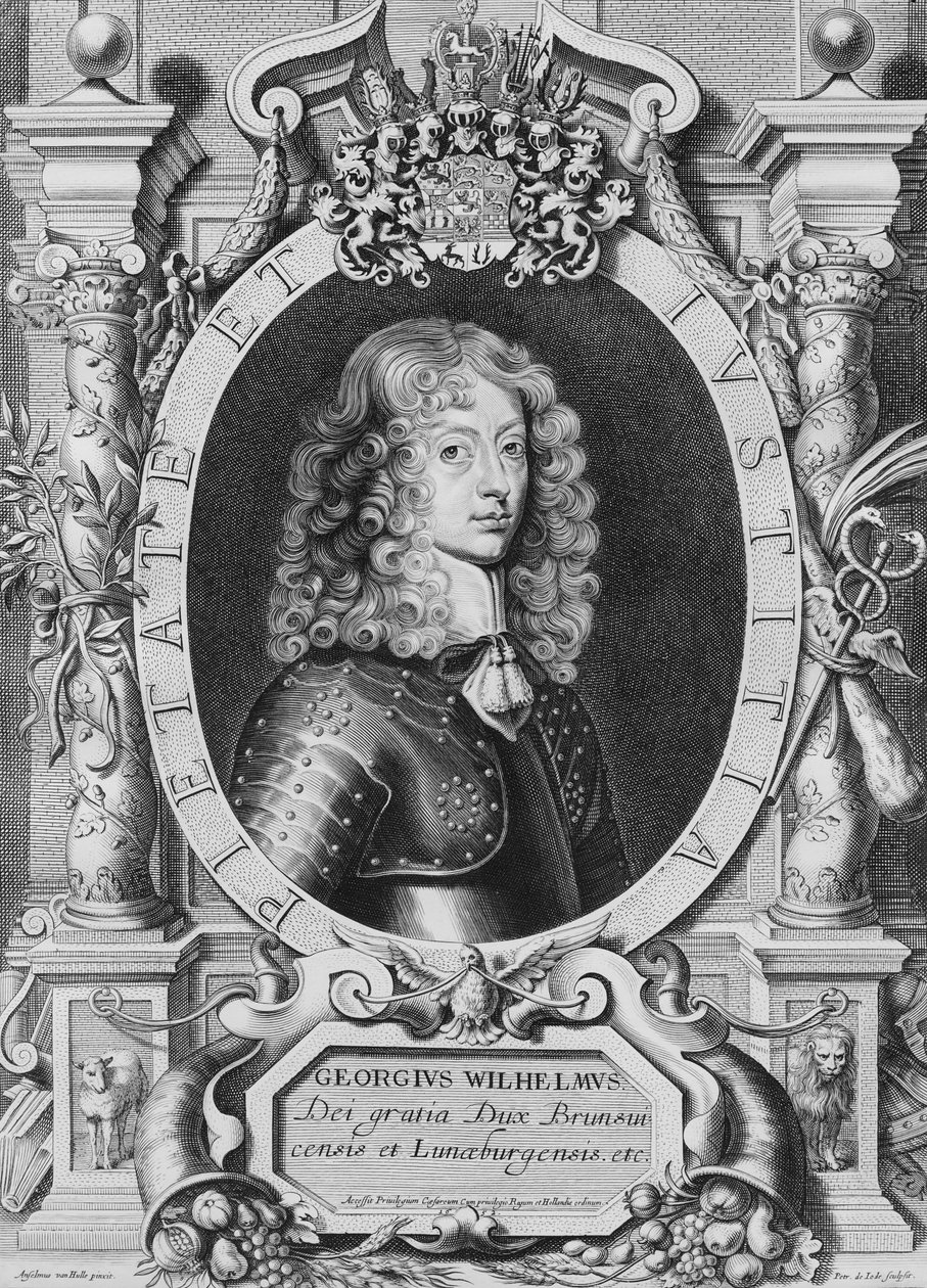 जॉर्ज विलियम (1624-1705) ड्यूक ऑफ ब्रोंस्चिव-लुनबर्ग, &39;पोट्रेट्स ऑफ इलस्ट्रेटेड मेन&39; से, पेट्रस डी आयोड द्वारा उत्कीर्ण, 1706 प्रकाशित द्वारा एंसलमस वैन हुले