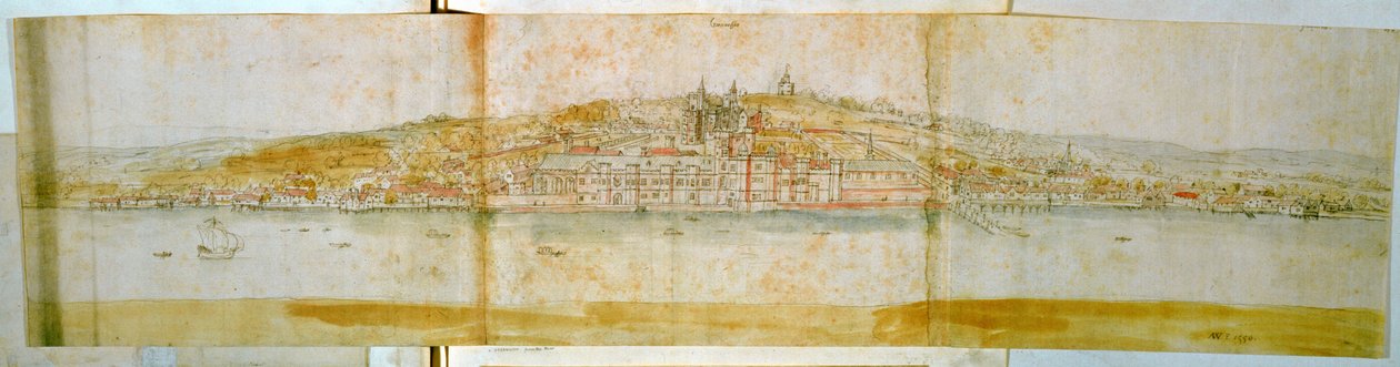 टेम्स के नॉर्थ बैंक से ग्रीनविच पैलेस, c.1544 (कागज पर कलम और स्याही और wc) द्वारा एंथोनीस वैन डेन Wyngaerde
