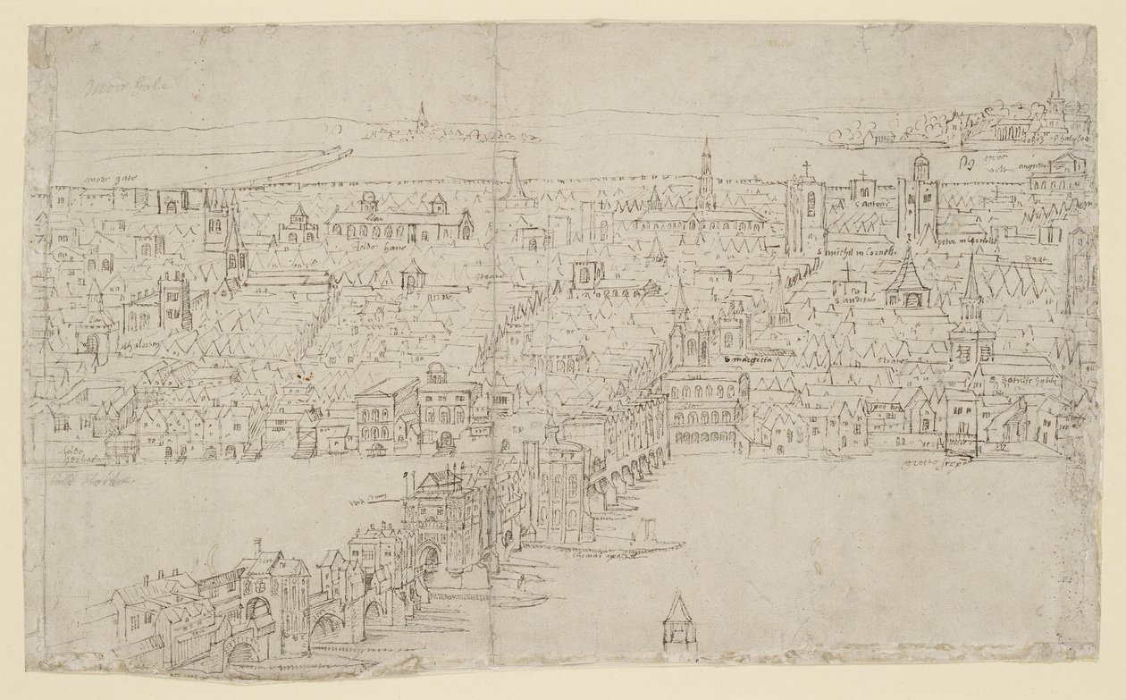 लंदन ब्रिज, &39;द पैनोरमा ऑफ लंदन&39; से, c.1544 (कागज पर कलम और स्याही और चॉक) द्वारा एंथोनीस वैन डेन Wyngaerde