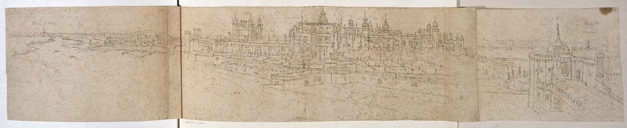नदी से हैम्पटन कोर्ट पैलेस, c.1544 (कागज पर कलम और स्याही) द्वारा एंथोनीस वैन डेन Wyngaerde