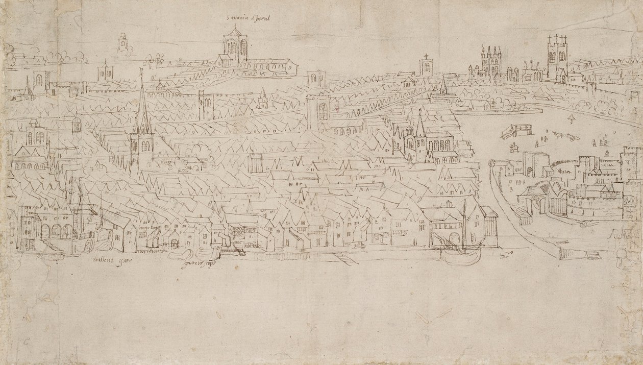 साउथवार्क से देखा गया लंदन का पैनोरमा: बिलिंग्सगेट से टावर वार्फ तक, 1554 द्वारा एंथोनीस वैन डेन Wyngaerde