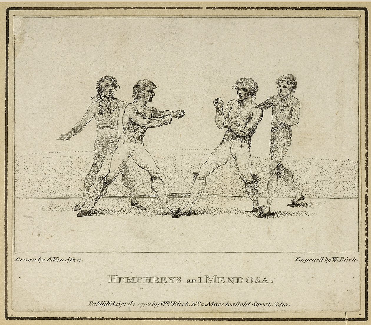 हम्फ्रीज़ और मेंडोज़ा, विलियम बिर्च द्वारा उत्कीर्ण, 1792 में प्रकाशित (लिथो) द्वारा एंथोनी वैन (बाद में) एसेनो