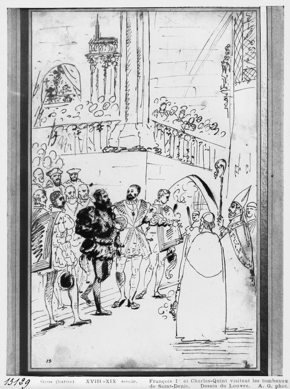 सेंट डेनिस के एबे चर्च में फ्रांसिस I और चार्ल्स वी, c.1811 (कागज पर भूरे रंग की स्याही रहित ग्रेफाइट) द्वारा एंटोनी जीन ग्रोस