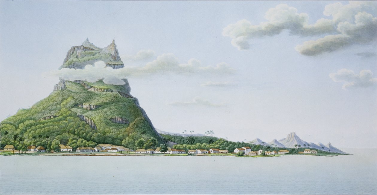 बोरा बोरा के द्वीप का दृश्य, &39;वॉयज अराउंड द वर्ल्ड (1817-20)&39; में, लुईस क्लाउड फ्रायसिनेट (1779-1842) द्वारा एम्ब्रोस तर्डिउ (1788-1841) द्वारा उत्कीर्ण 1822-24 प्रकाशित द्वारा एंटोनी लेज्यून और चज़ल
