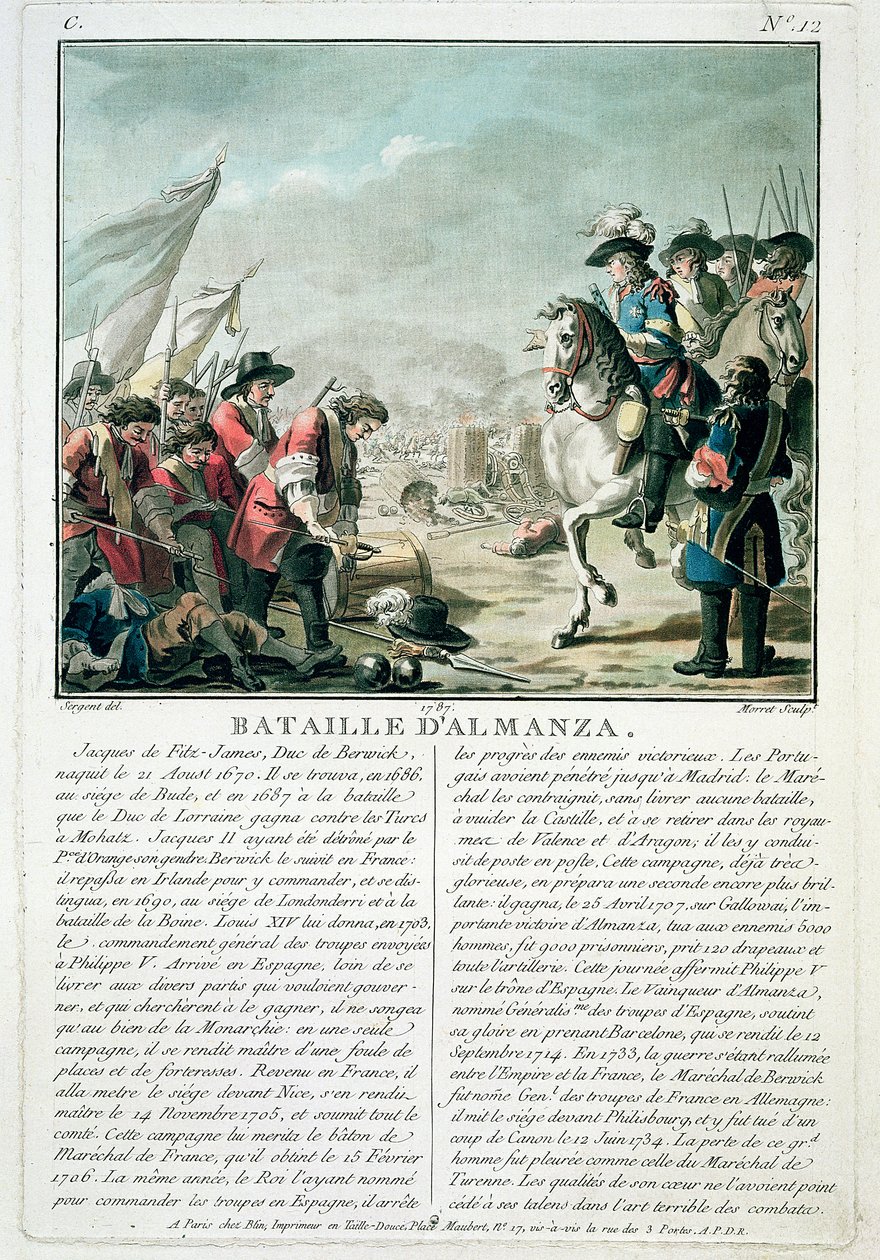 अल्माँसा की लड़ाई, 25 अप्रैल 1707, जीन बैप्टिस्ट मोरेट द्वारा उत्कीर्ण (fl.1790-1820), 1787 द्वारा एंटोनी लुई फ्रेंकोइस सीरजेंट मार्कोयू