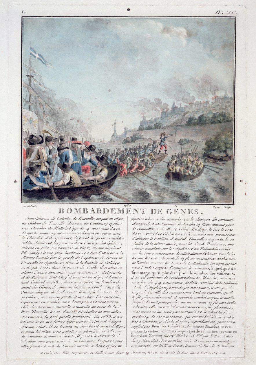 जेनोआ की बमबारी, 1684, जीन बैप्टिस्ट मोरेट द्वारा उत्कीर्ण (fl.1790-1820), 1787 द्वारा एंटोनी लुई फ्रेंकोइस सीरजेंट मार्कोयू