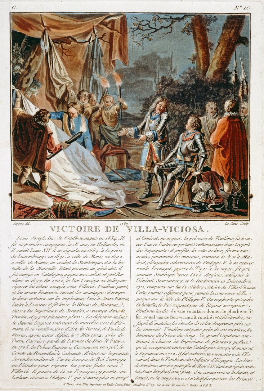 विला-विसियोसा की विजय, 1710, लुई ले कोइर द्वारा उत्कीर्ण (fl.1780-1800), 1787 द्वारा एंटोनी लुई फ्रेंकोइस सीरजेंट मार्कोयू
