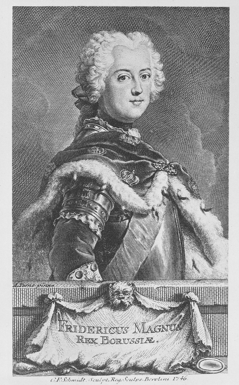 फ्रेडरिक II, प्रशिया के राजा, जॉर्ज फ्रेडरिक श्मिट, 1746 द्वारा उत्कीर्ण द्वारा एंटोनी पेस्ने