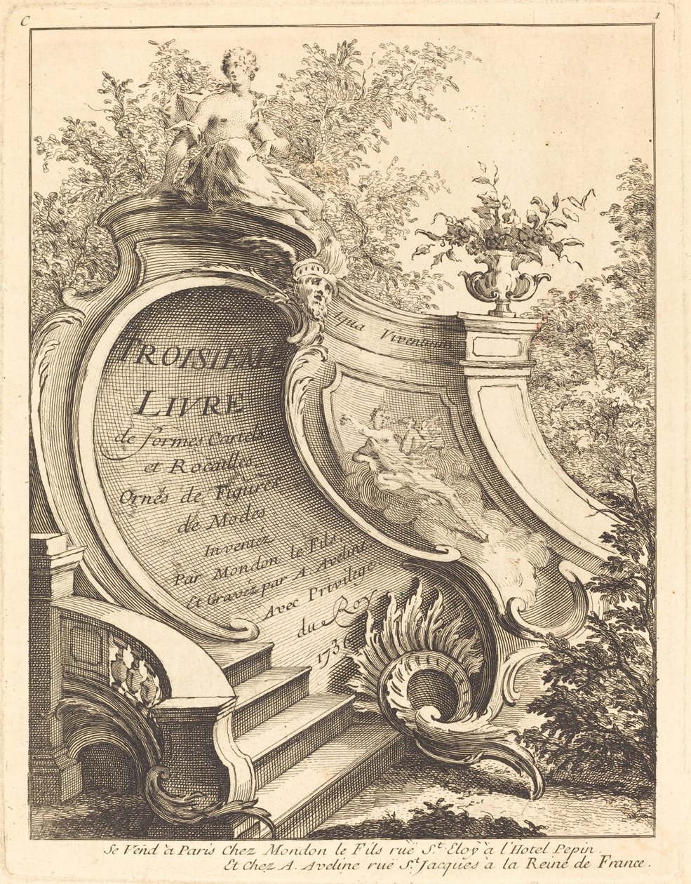 फॉर्म्स कार्टेल्स और रोसेल्स शीर्षक पृष्ठ की तीसरी पुस्तक, 1736। द्वारा एंटोनी Aveline