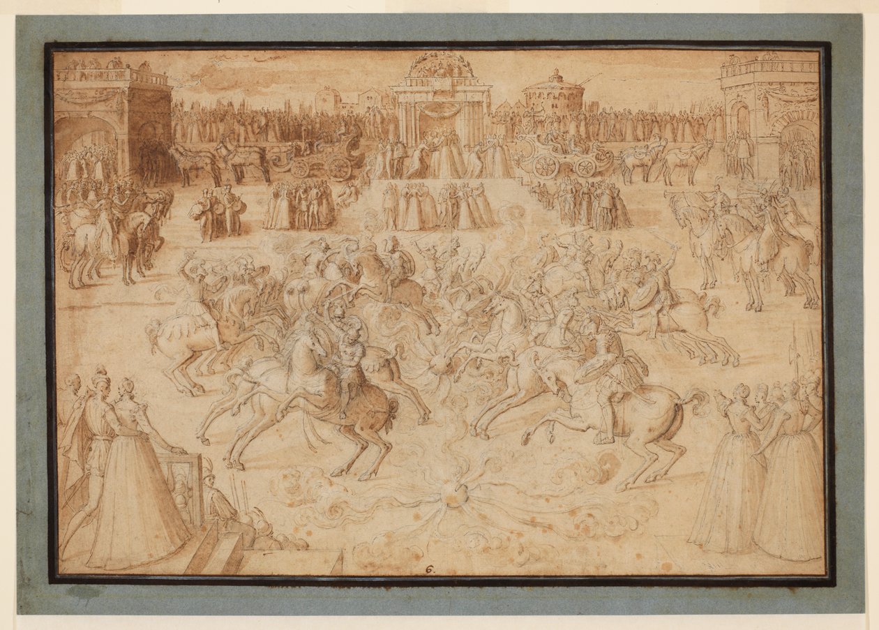 1575-c.1580 आतिशबाजी के बीच सवार यात्रियों के साथ एक घुड़सवारी का खेल द्वारा एंटोनी कारोन