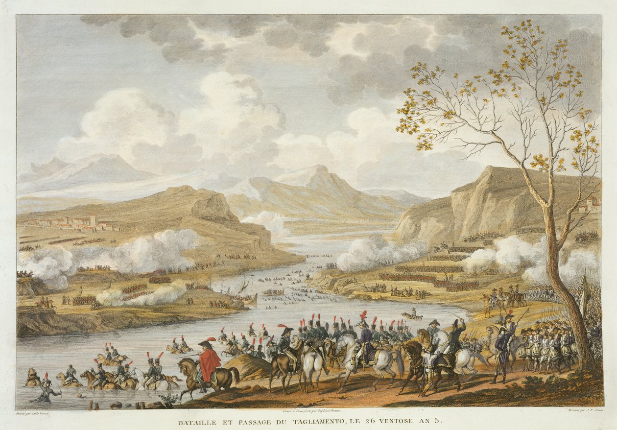 जीन डुप्लेसि-बर्टाक्स (1747-1819) (एक्वाटिंट) द्वारा उत्कीर्ण द बैटलिंग एंड क्रॉसिंग ऑफ़ द टैगिंगियो, 26 वेंटोज़, वर्ष 5 (मार्च 1797) द्वारा एंटोनी चार्ल्स होरेस वर्नेट