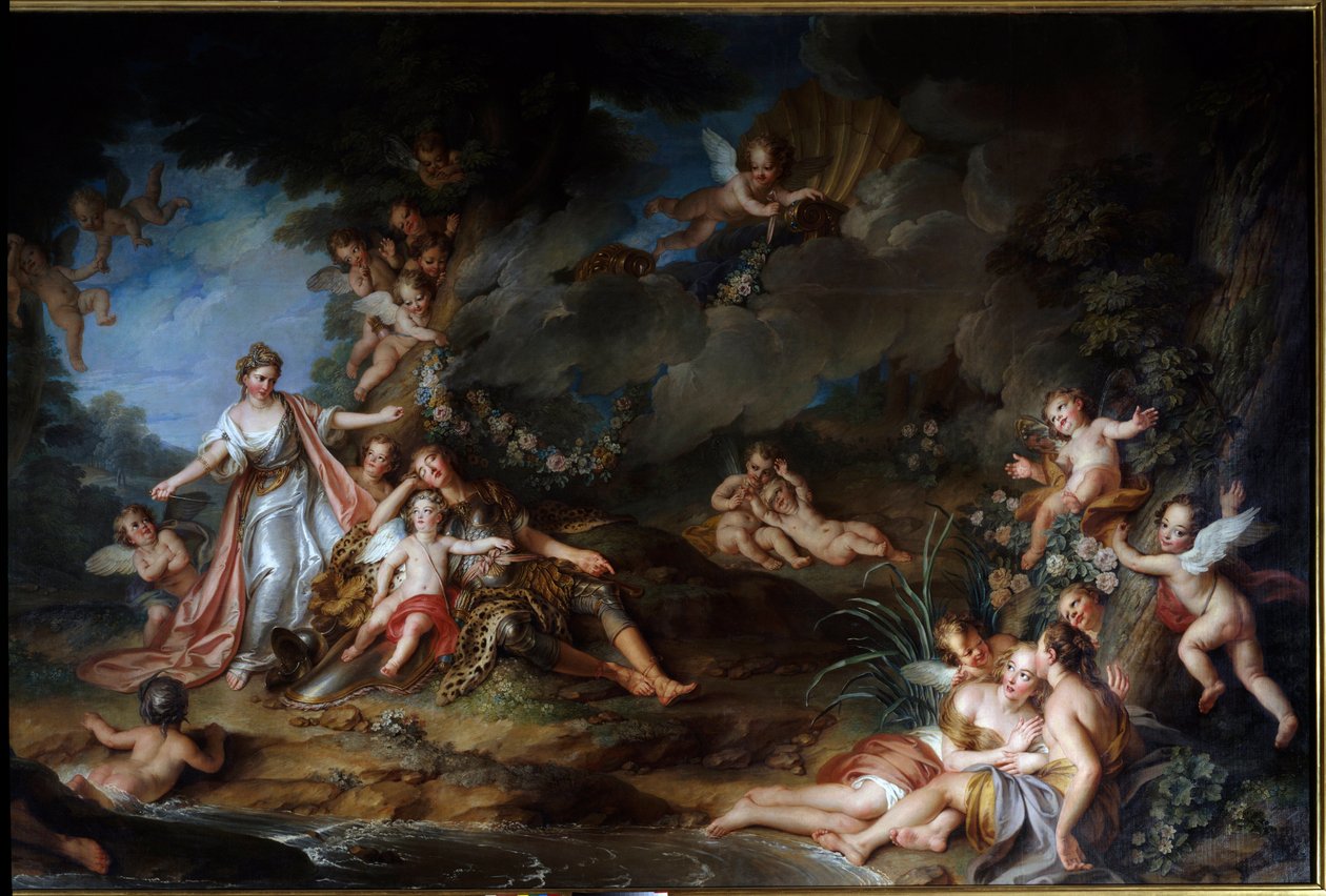 करामाती आर्माइड जो रेनॉड को छुरा घोंपना चाहता है, वह लव (जिसे "द स्लीप ऑफ रेनॉड" भी कहा जाता है) को सौंप देगा। Torquato Tasso (मग के रूप में जाना जाता है) द्वारा "द जेरूसलम डेलिव्री" (ला गेरुसालेमे लिबरेटा) के एक दृश्य का चित्रण। चार्ल् द्वारा एंटोनी कॉयपेल