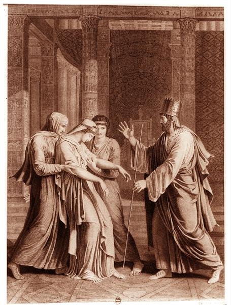 एस्तेर बिफोर एस्सेरस, मैथ्यू द्वारा उकेरी गई जीन रैसीन (1639-99) द्वारा 'एस्तेर' का चित्रण (उत्कीर्णन) (बी/डब्ल्यू फोटो) द्वारा एंटोनी डेनिस (बाद में) चौदेतो