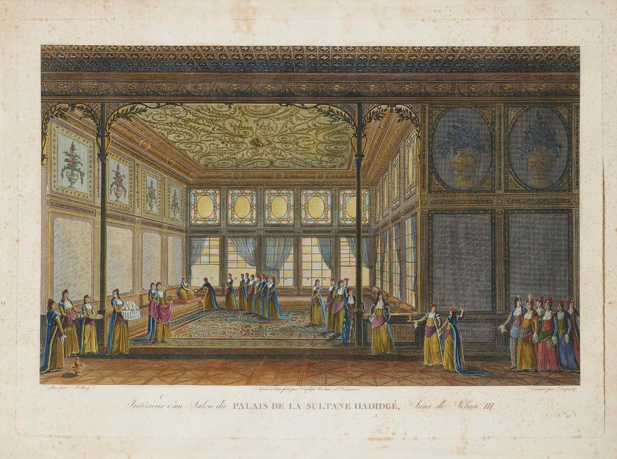 राजकुमारी हैटिस सुल्तान के महल में आंतरिक, सुल्तान सेलिम III की सौतेली बहन, c. 1810. द्वारा एंटोनी इग्नेस मेलिंग