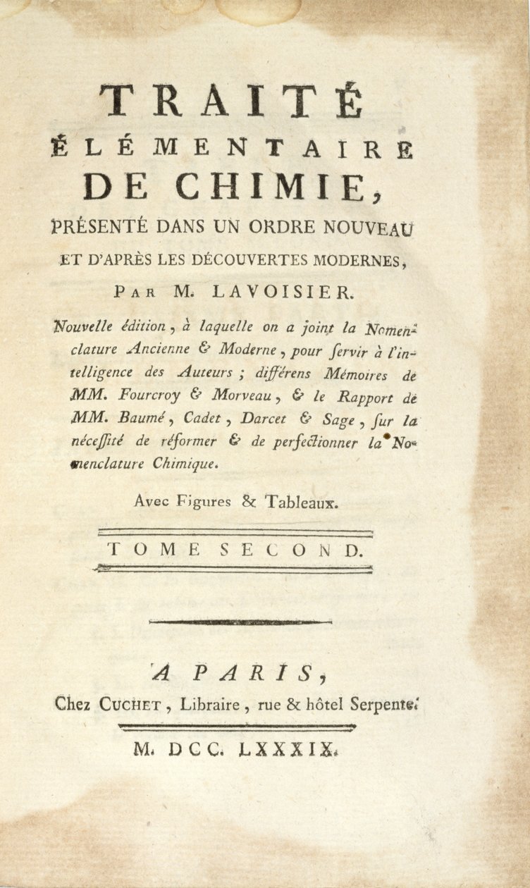 पेरिस, 1789 में प्रकाशित रसायन, खंड II पर प्राथमिक ग्रंथ का शीर्षक पृष्ठ (प्रिंट) द्वारा एंटोनी लॉरेंट डी लवॉज़ियर