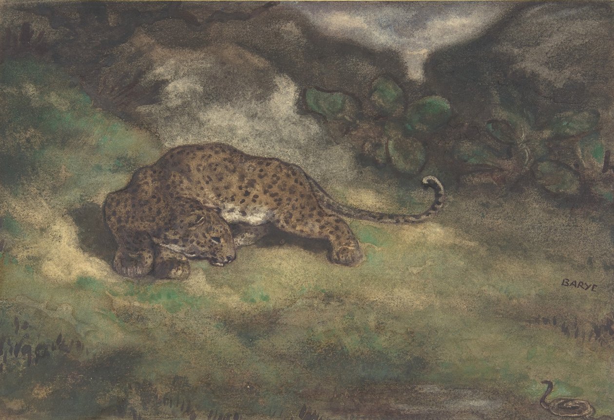 तेंदुआ और सर्प, 1810–75 (निर्धारित कागज पर wc) द्वारा एंटोनी लुइस बेरी