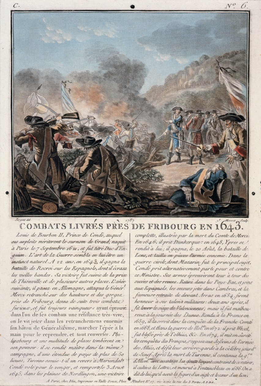 फ्रीबर्ग के पास कॉम्बैट, 1643, जीन बैप्टिस्ट मोरेट द्वारा उत्कीर्ण (fl.1790-1820), 1787 (रंगीन लिथो) द्वारा एंटोनी लुई फ्रेंकोइस सीरजेंट मार्कोयू