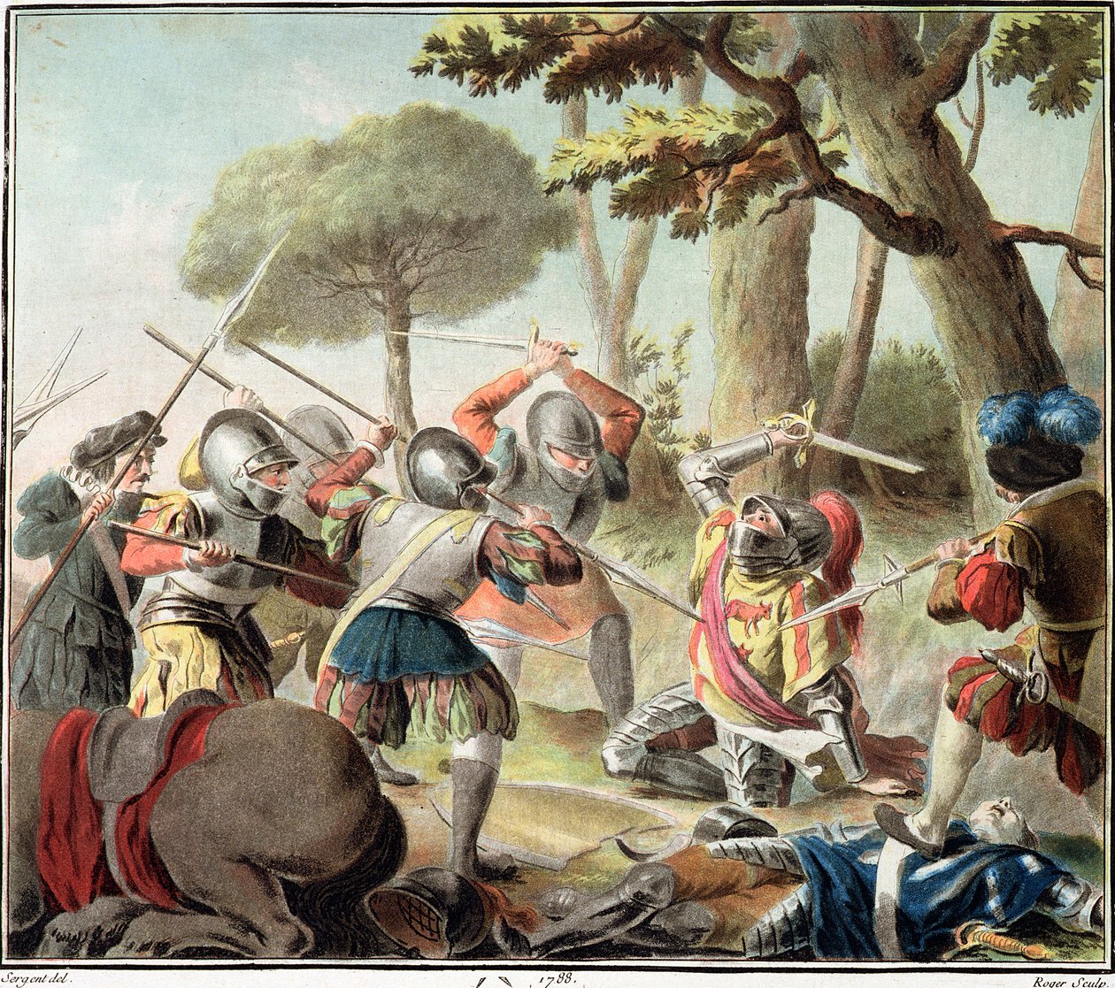 1788 में रोजर द्वारा उकेरी गई रेवन्ना की लड़ाई में गैस्टन डी फूक्स (1488-1512) मारे गए द्वारा एंटोनी लुई फ्रेंकोइस सीरजेंट मार्कोयू