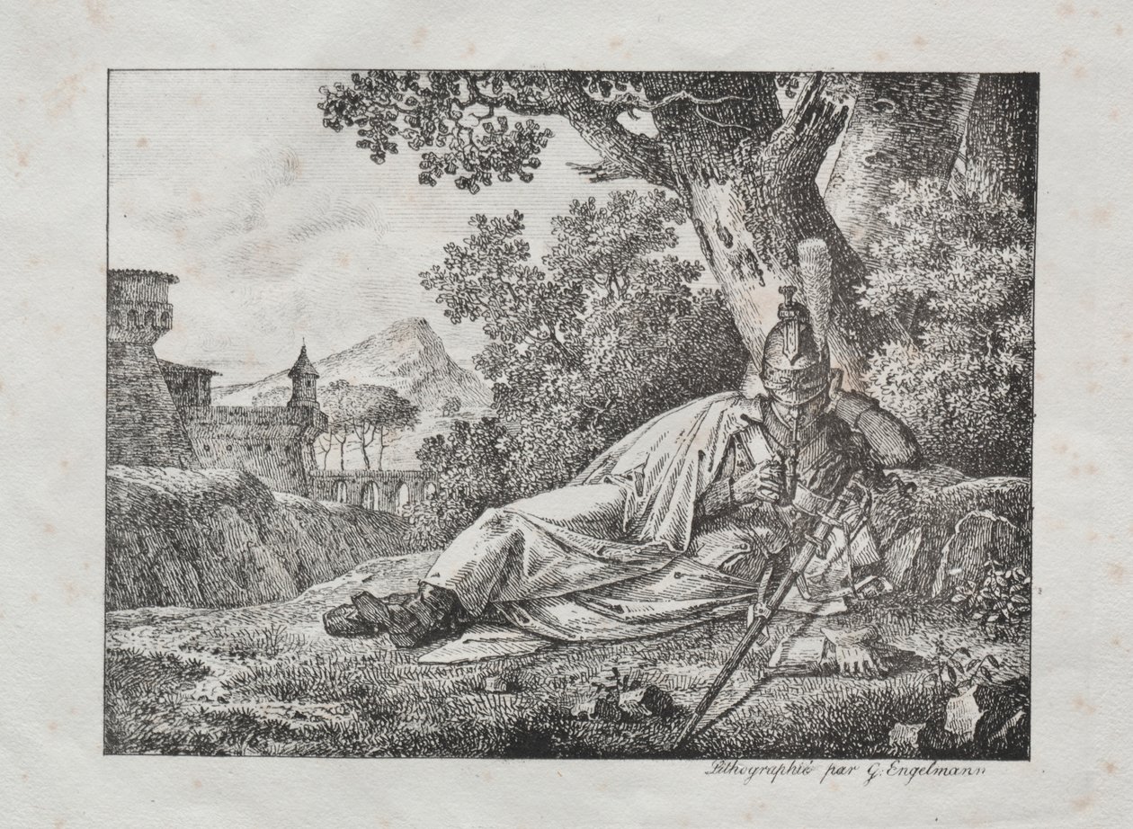 रसील लिथोग्राफिक प्रिंट: एक पेड़ के पैर में 1822 में ड्रैगन परत को धूम्रपान करना। द्वारा एंटोनी पियरे मोंगिन